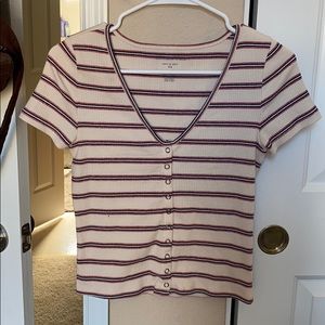 Shirt. Button up, stripped. Beige colored.